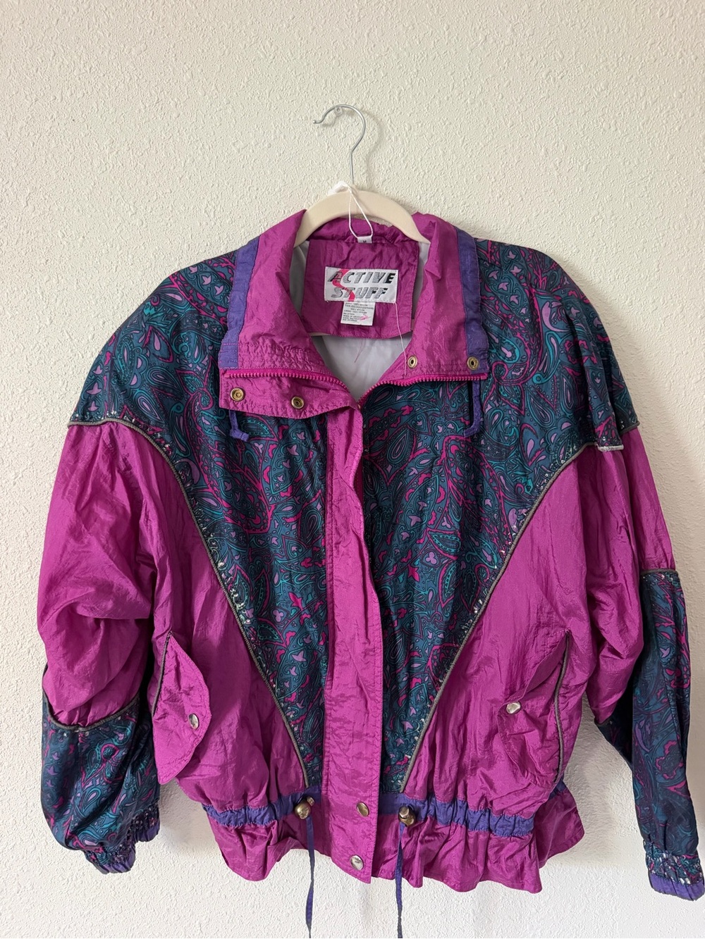 Vintage Active Stuff Women's Windbreaker Purple Paisley Zip Up Jacket Sz Medium